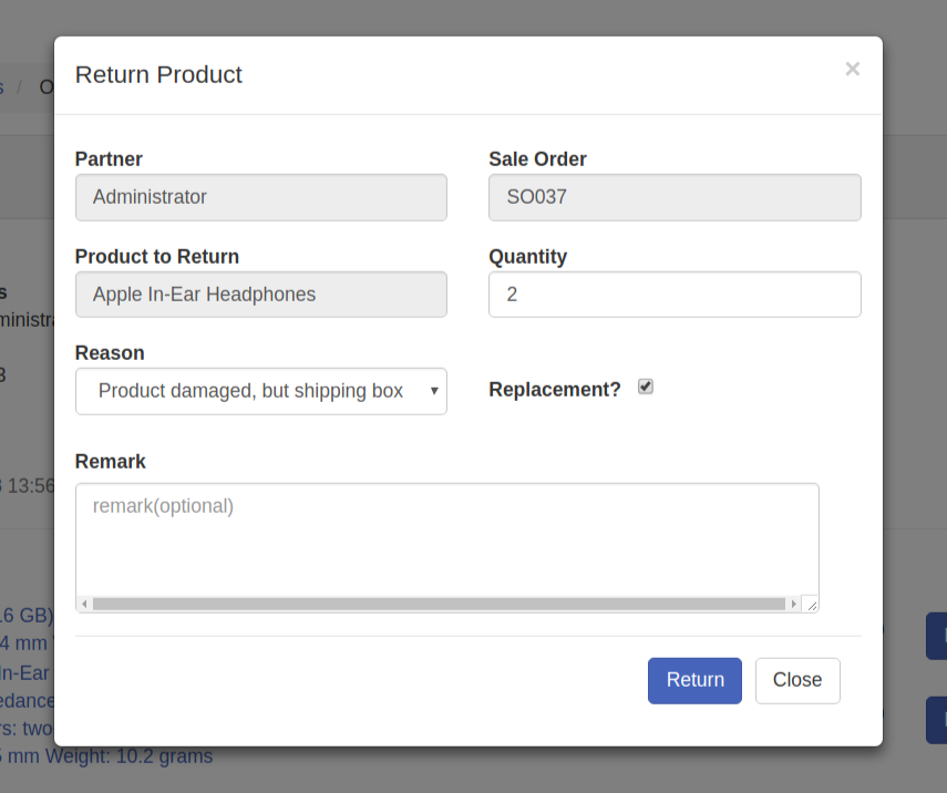 Return/Replace product dialog